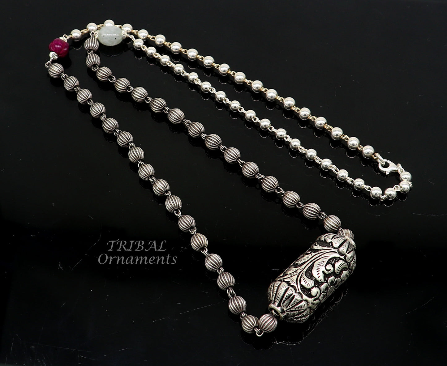 Vintage 925 sterling silver beaded long necklace with bride charm, ethnic tribal design by TRIBAL ORNAMENTS.
