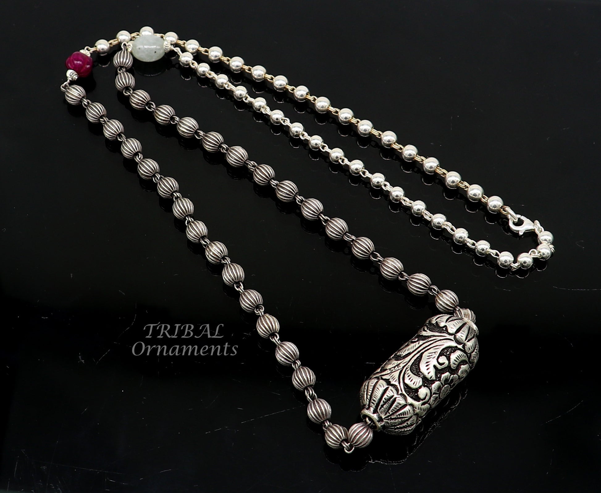 Vintage 925 sterling silver beaded long necklace with bride charm, ethnic tribal design by TRIBAL ORNAMENTS.