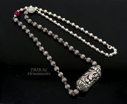 Vintage 925 sterling silver beaded long necklace with bride charm, ethnic tribal design by TRIBAL ORNAMENTS.
