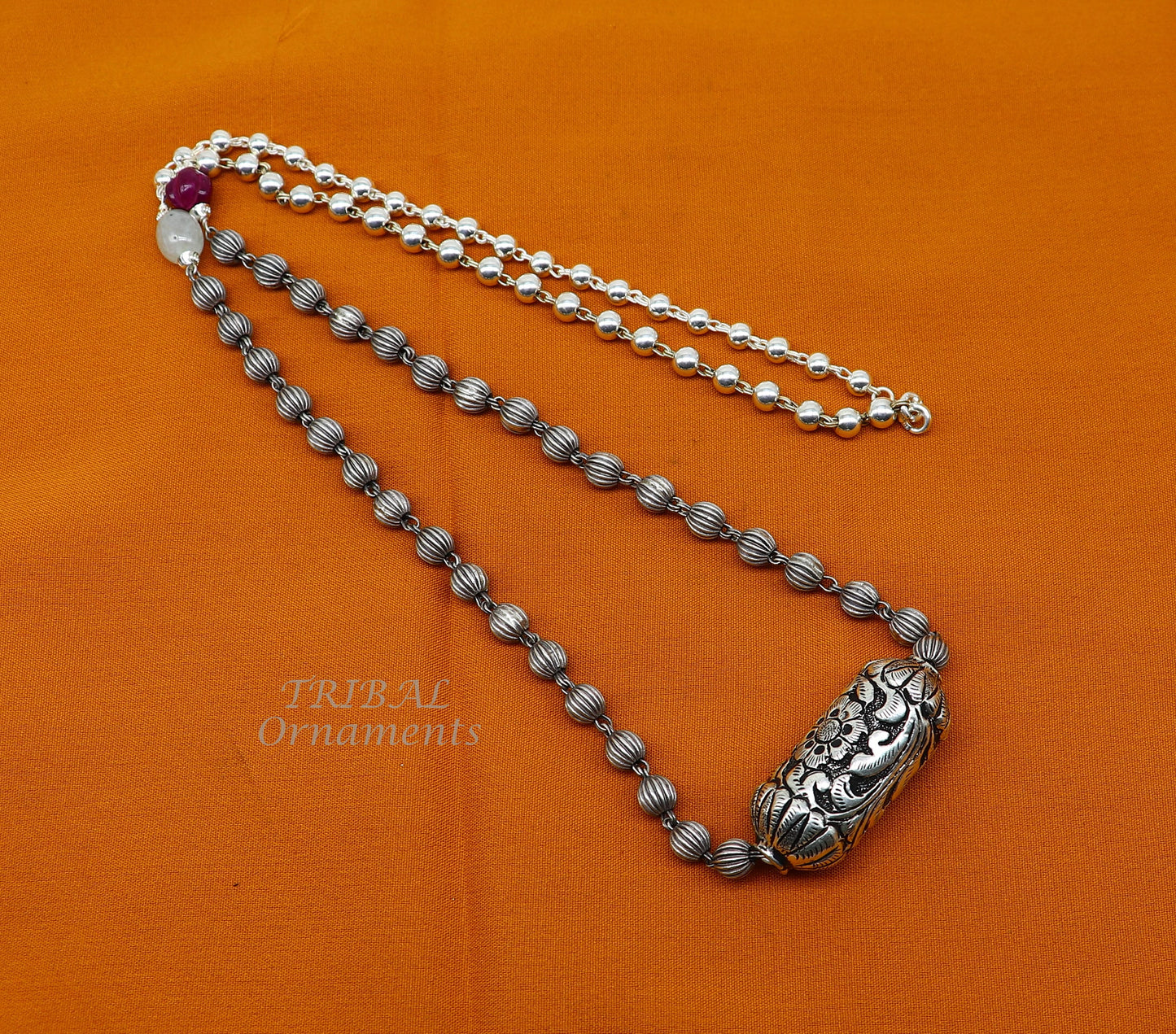 Sterling silver vintage beaded long necklace with wedding charm, ethnic Guttapusalu design by TRIBAL ORNAMENTS.
