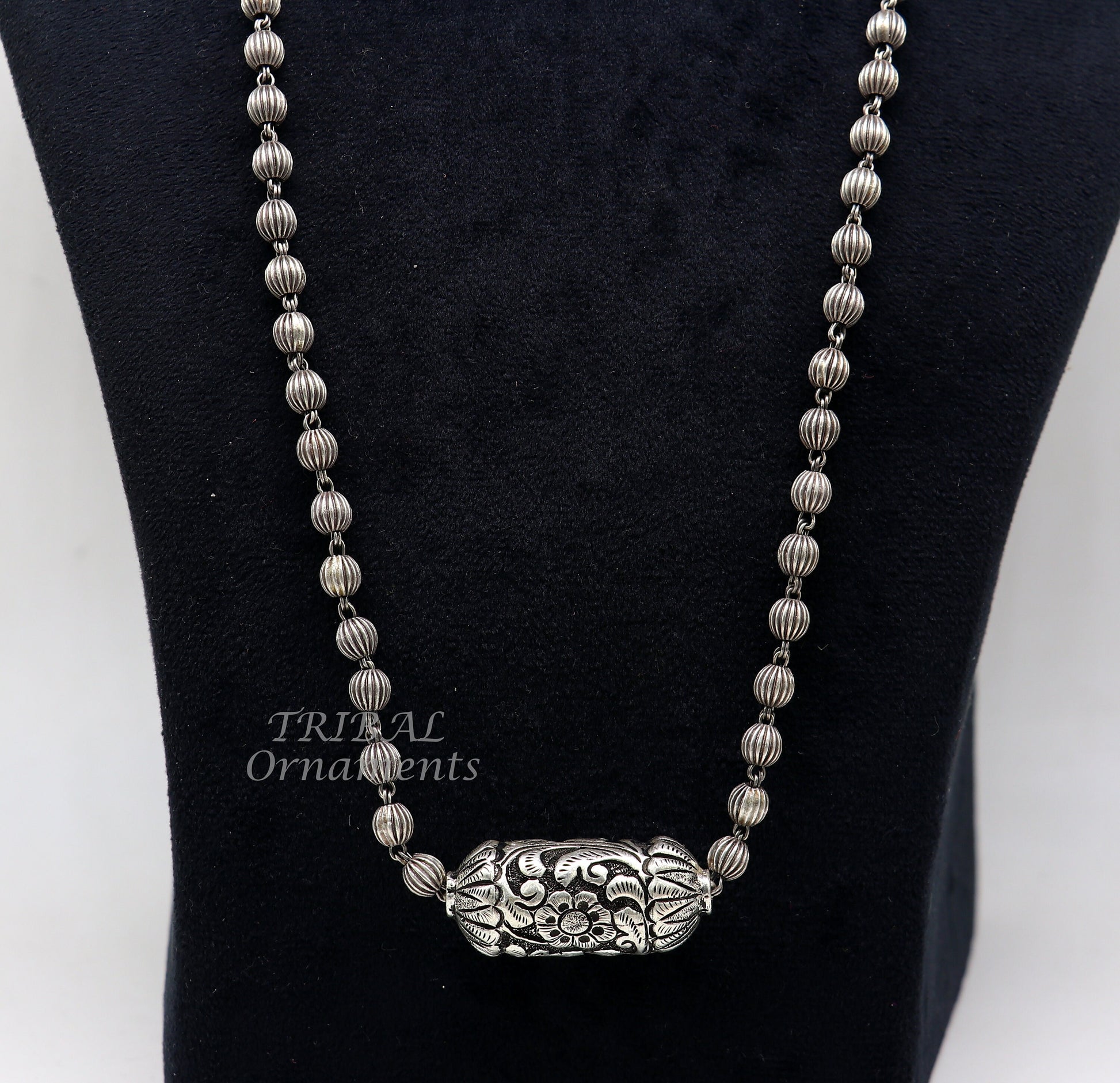 Sterling silver vintage beaded long necklace with tribal charms, handmade ethnic jewelry by TRIBAL ORNAMENTS for weddings and special occasions.