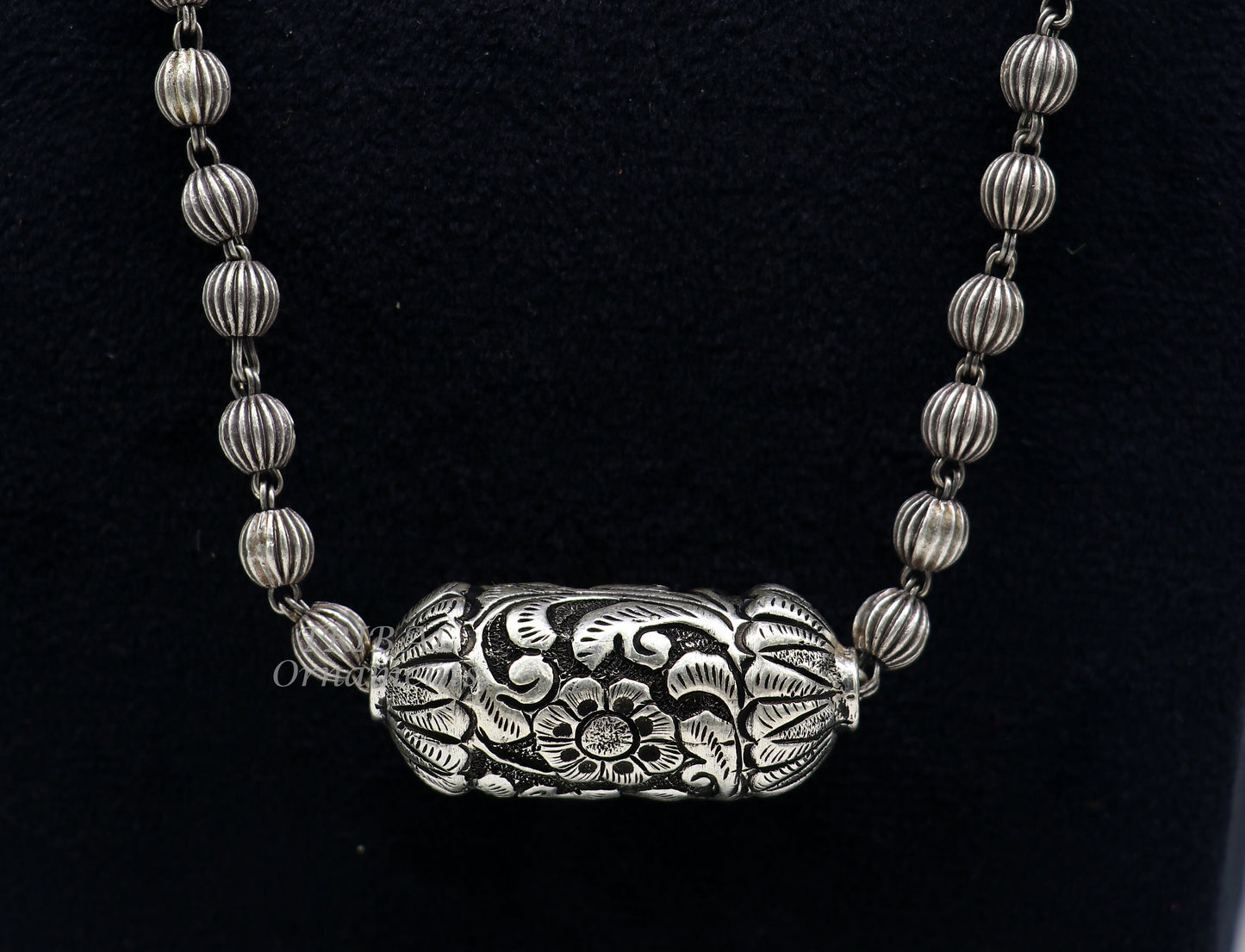 Sterling silver vintage beaded long necklace with bride charm, handmade ethnic design by TRIBAL ORNAMENTS for wedding jewelry.