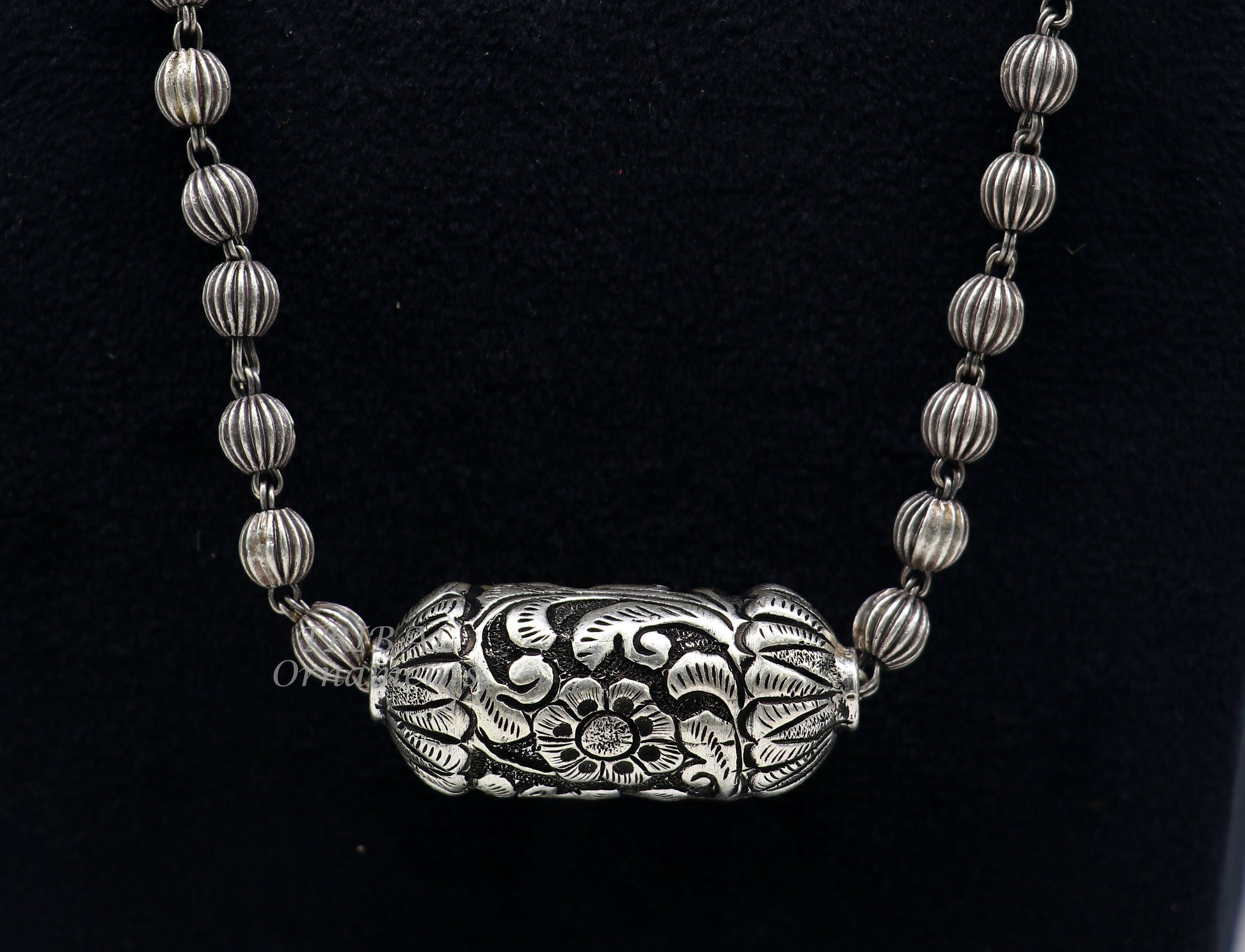 Sterling silver vintage beaded long necklace with bride charm, handmade ethnic design by TRIBAL ORNAMENTS for wedding jewelry.