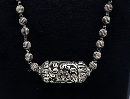 Sterling silver vintage beaded long necklace with bride charm, handmade ethnic design by TRIBAL ORNAMENTS for wedding jewelry.