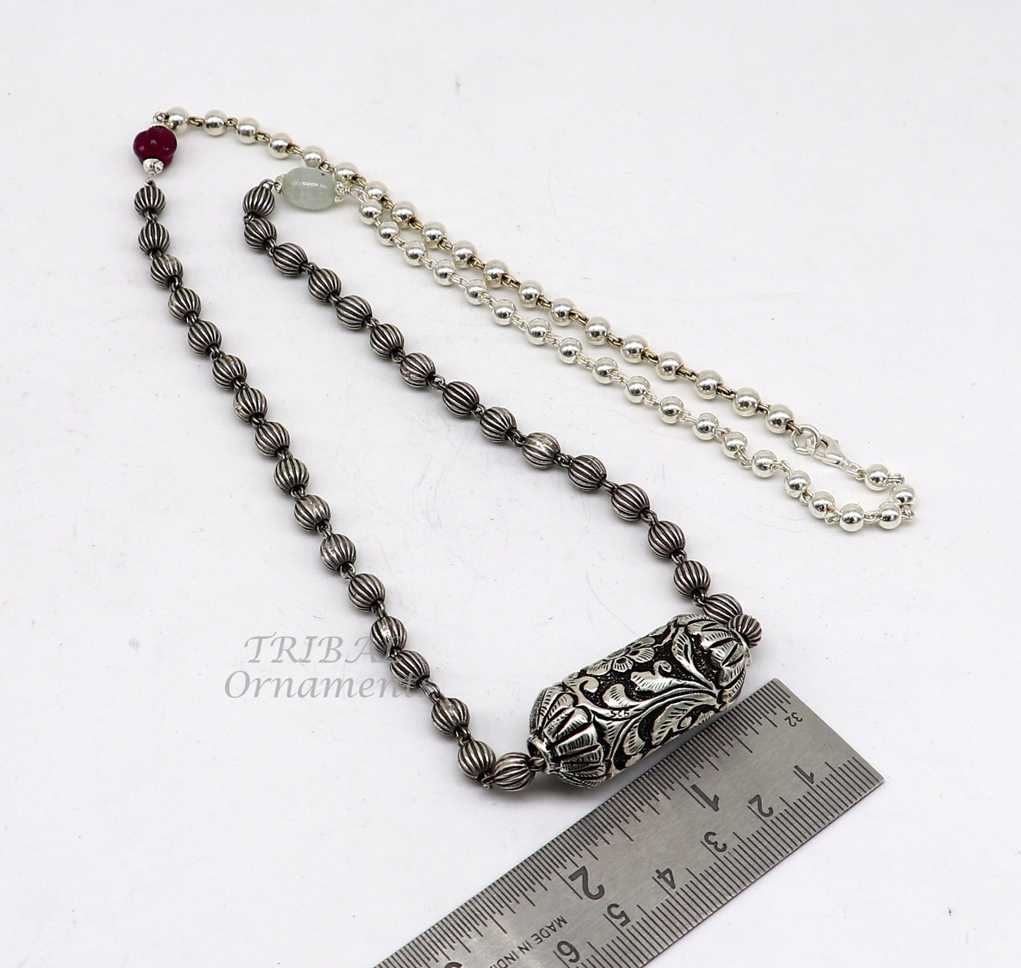 Sterling silver vintage beaded long necklace with ethnic charm, designed for weddings and brides, by TRIBAL ORNAMENTS.