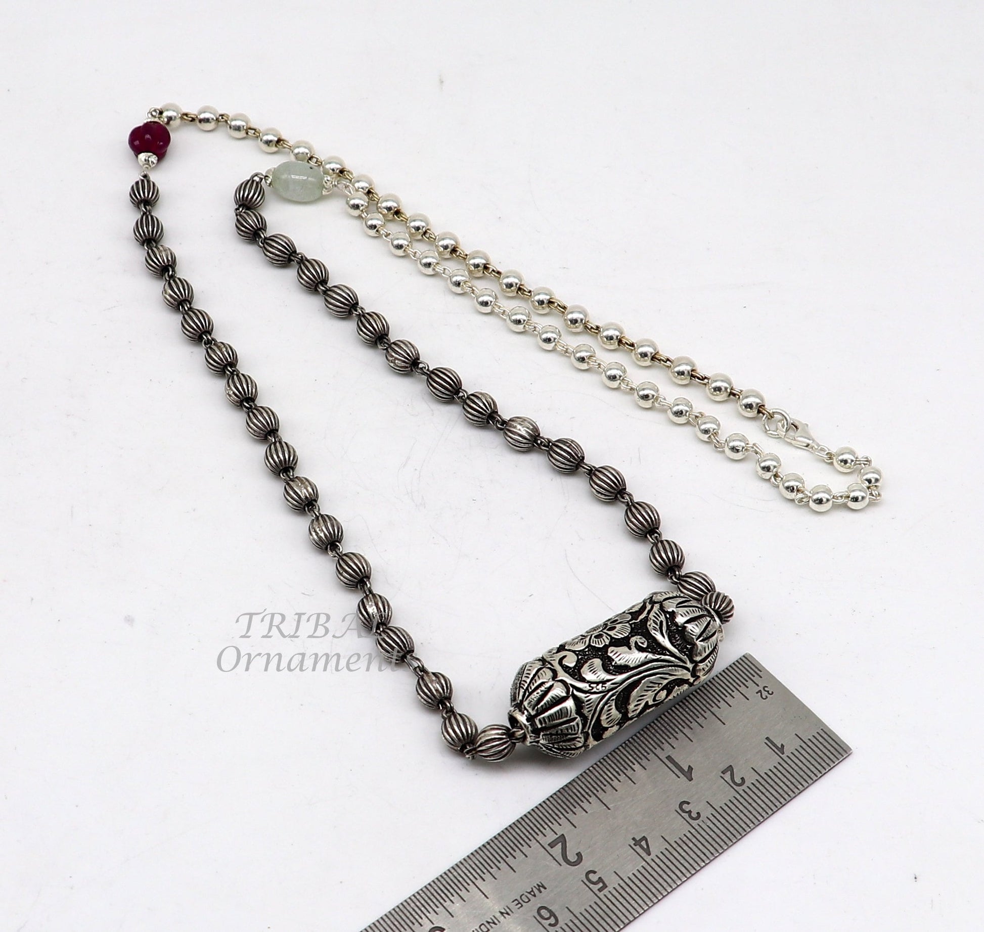 Sterling silver vintage beaded long necklace with ethnic charm, designed for weddings and brides, by TRIBAL ORNAMENTS.