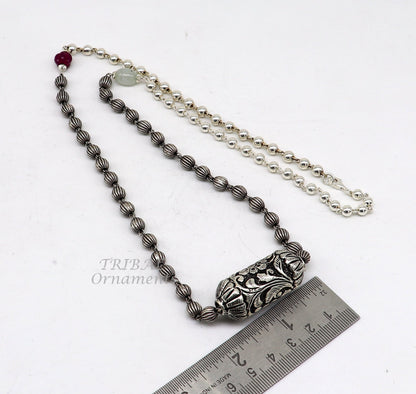 Sterling silver vintage beaded long necklace with ethnic charm, designed for weddings and brides, by TRIBAL ORNAMENTS.