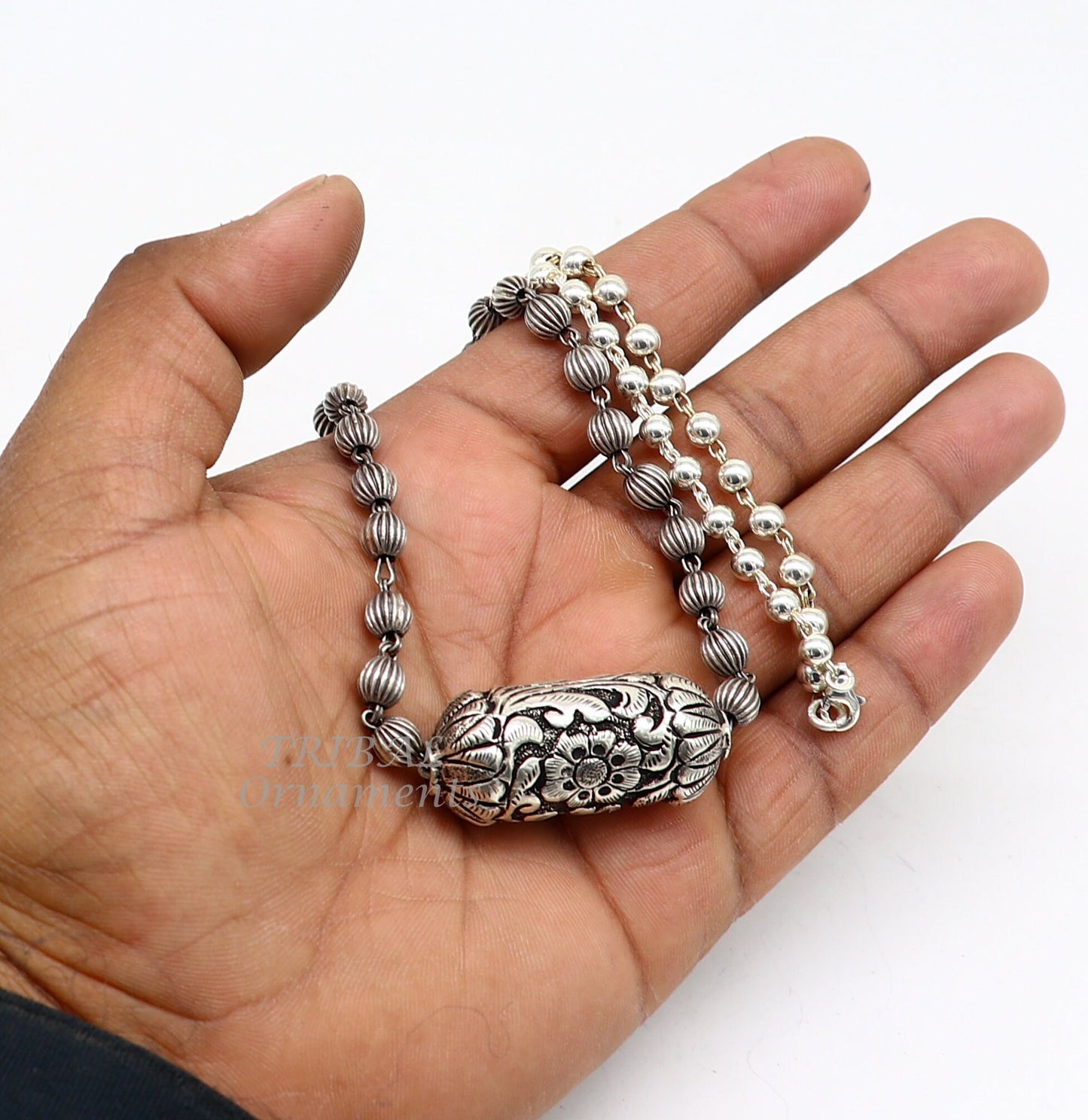 Sterling silver vintage beaded long necklace with bride's charm, handcrafted ethnic jewelry by TRIBAL ORNAMENTS.