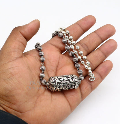 Sterling silver vintage beaded long necklace with bride's charm, handcrafted ethnic jewelry by TRIBAL ORNAMENTS.