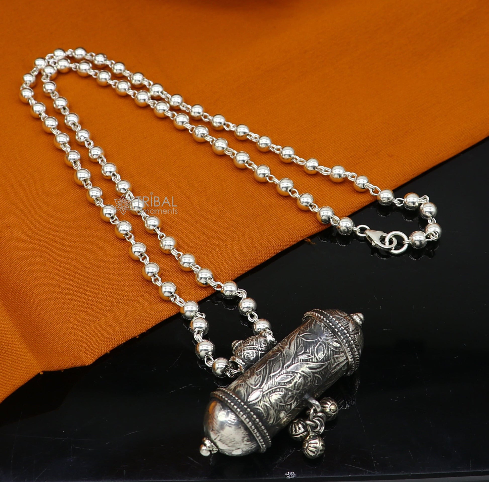 925 Sterling silver vintage tribal pendant necklace with hanging bells, part of ethnically inspired jewelry set by Tribal Ornaments.