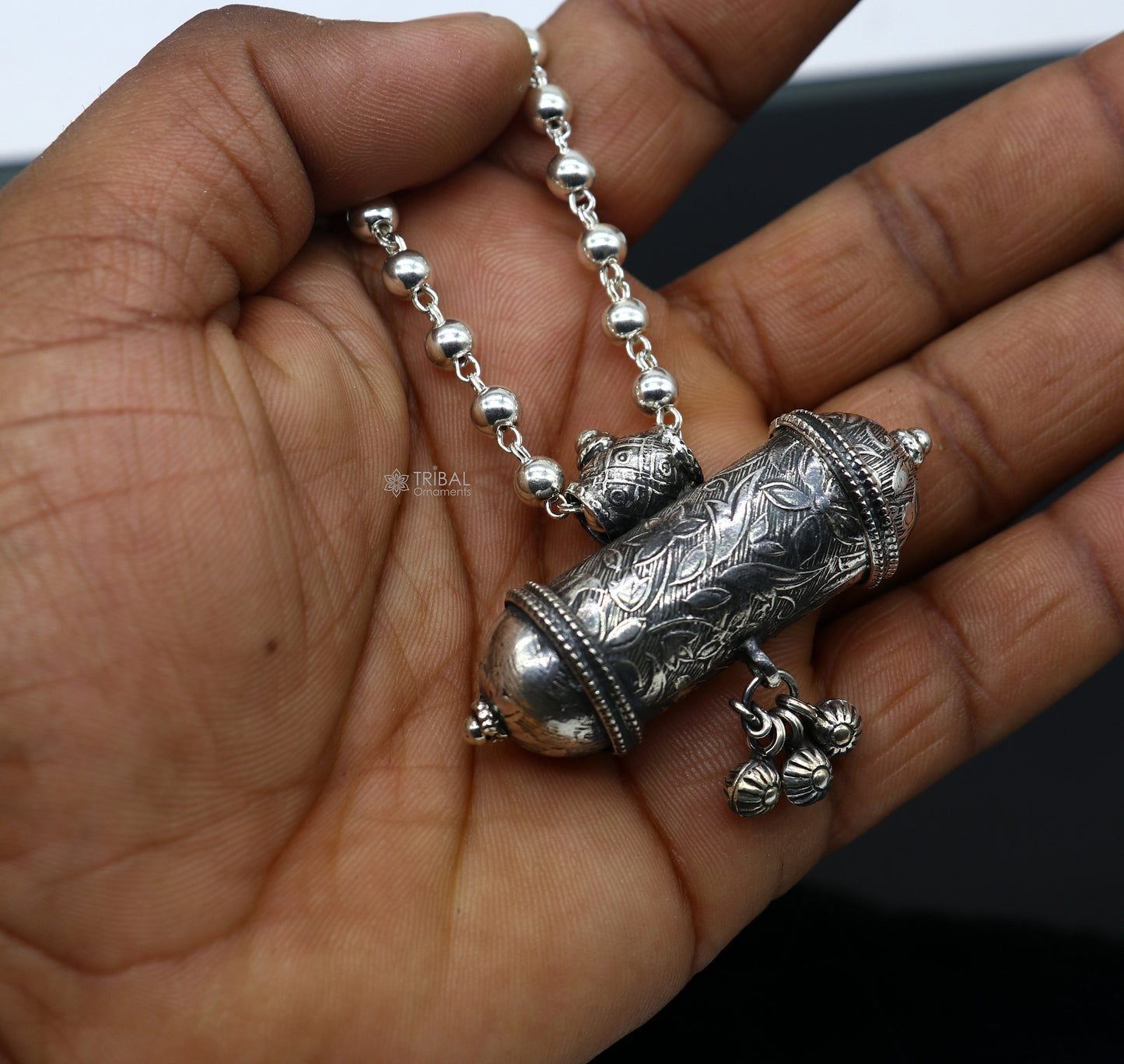 925 Sterling silver vintage tribal pendant necklace with hanging bells, part of TRIBAL ORNAMENTS ethnic jewelry set.