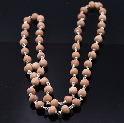 Handmade sandal chandan wood beads with 925 silver chain necklace for prayer, crafted by Tribal Ornaments from India.