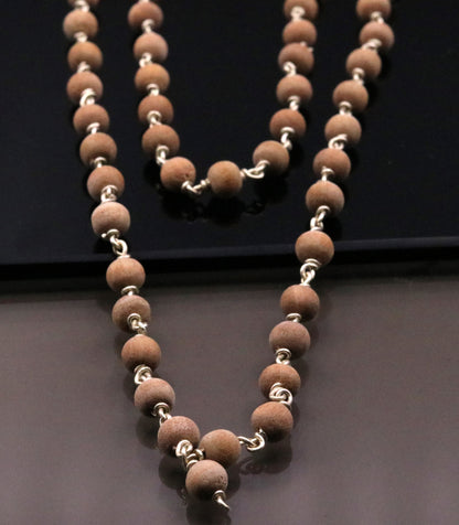 Jaap mala sandal chandan wood beads with 925 silver handmade chain necklace, traditional prayer jewelry from Tribal Ornaments.