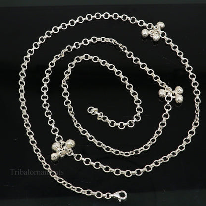 Sterling silver handmade link chain belly and waist chain with tribal design, perfect for dance and traditional saree jewelry.