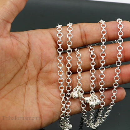 Sterling silver handmade link chain belly and waist chain with tribal design, perfect for dance and traditional saree jewelry.