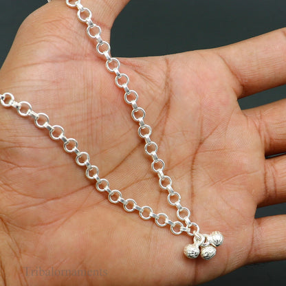 Sterling silver handmade link chain belly and waist chain with intricate tribal design, perfect for dance and saree jewelry.