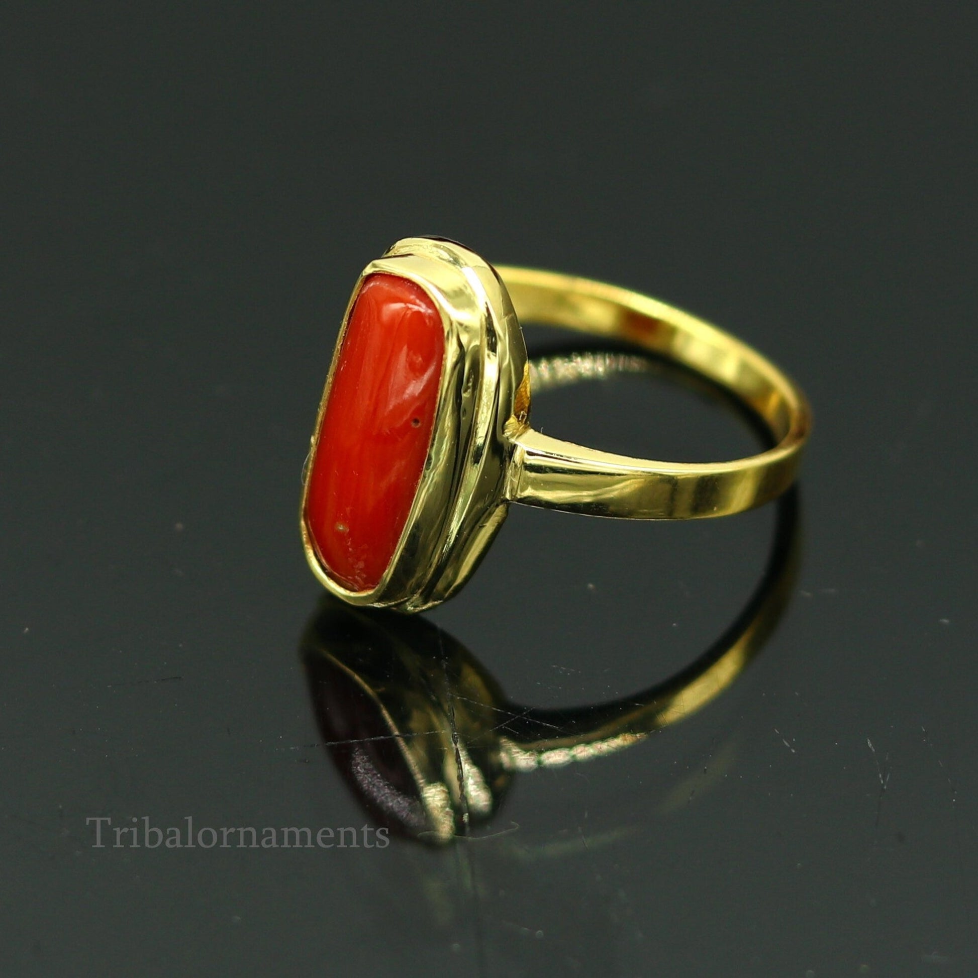 18kt or 22kt yellow gold handmade  Red coral (munga) ring band, excellent design unisex stone ring, certified hallmarked jewelry gring34 - TRIBAL ORNAMENTS