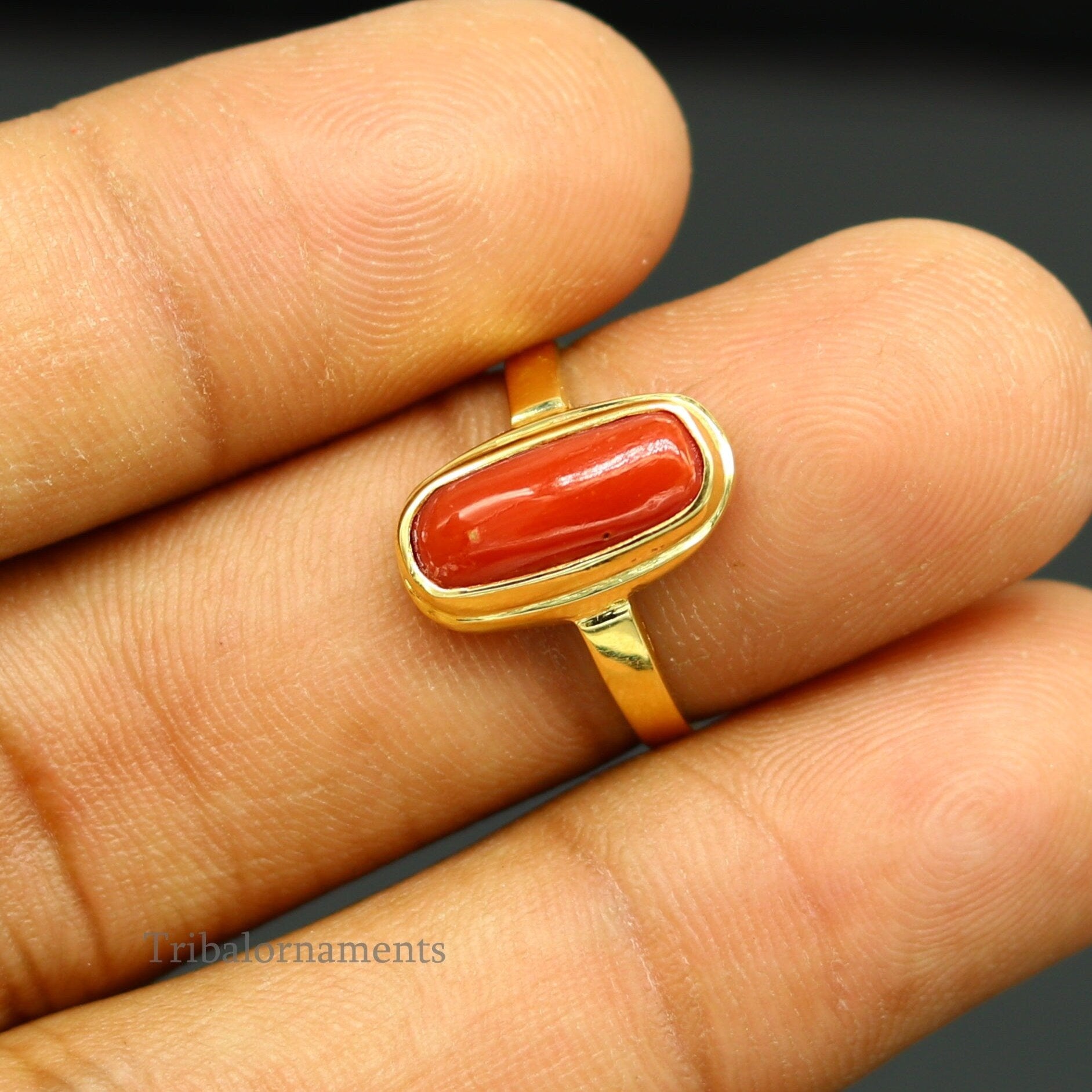 18kt or 22kt yellow gold handmade  Red coral (munga) ring band, excellent design unisex stone ring, certified hallmarked jewelry gring34 - TRIBAL ORNAMENTS
