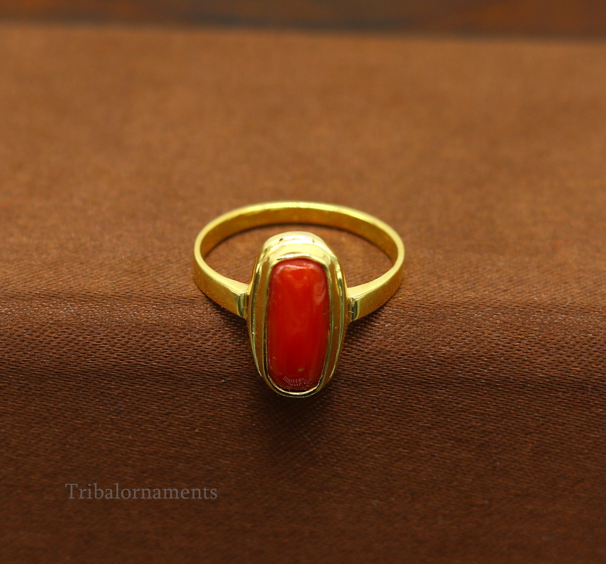 18kt or 22kt yellow gold handmade  Red coral (munga) ring band, excellent design unisex stone ring, certified hallmarked jewelry gring34 - TRIBAL ORNAMENTS