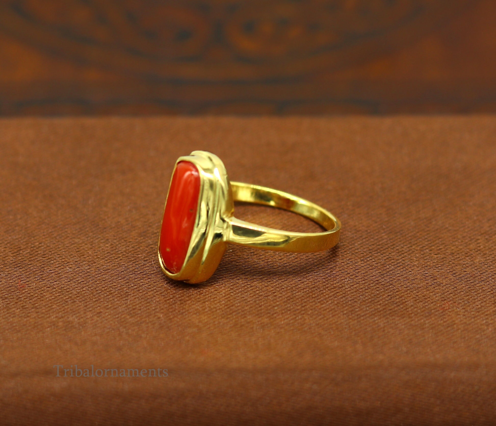 18kt or 22kt yellow gold handmade  Red coral (munga) ring band, excellent design unisex stone ring, certified hallmarked jewelry gring34 - TRIBAL ORNAMENTS