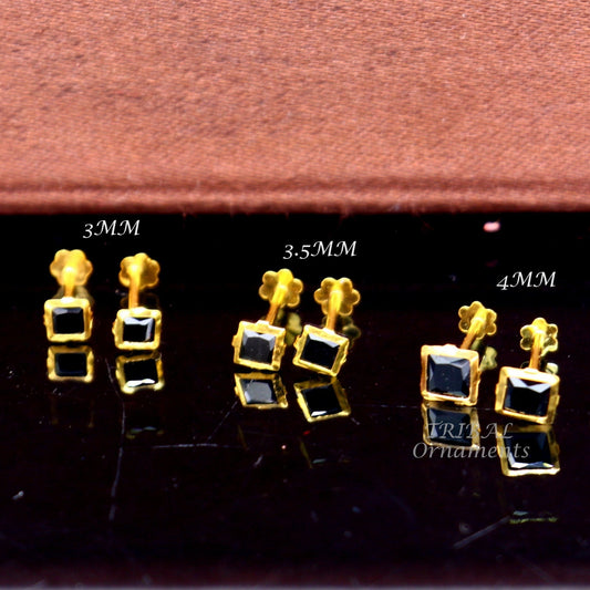 3MM/3.5MM/4MM 18kt yellow gold handmade black stone stud earring, excellent light weight daily use customized gifting unisex jewelry er158 - TRIBAL ORNAMENTS