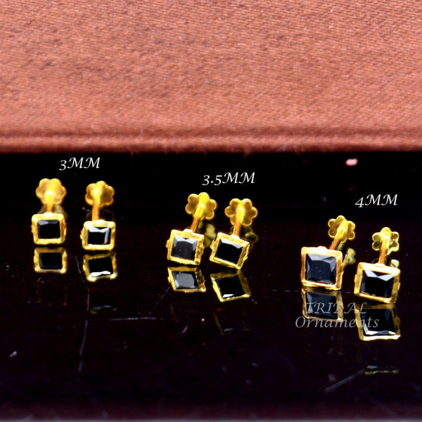 3MM/3.5MM/4MM 18kt yellow gold handmade black stone stud earring, excellent light weight daily use customized gifting unisex jewelry er158 - TRIBAL ORNAMENTS