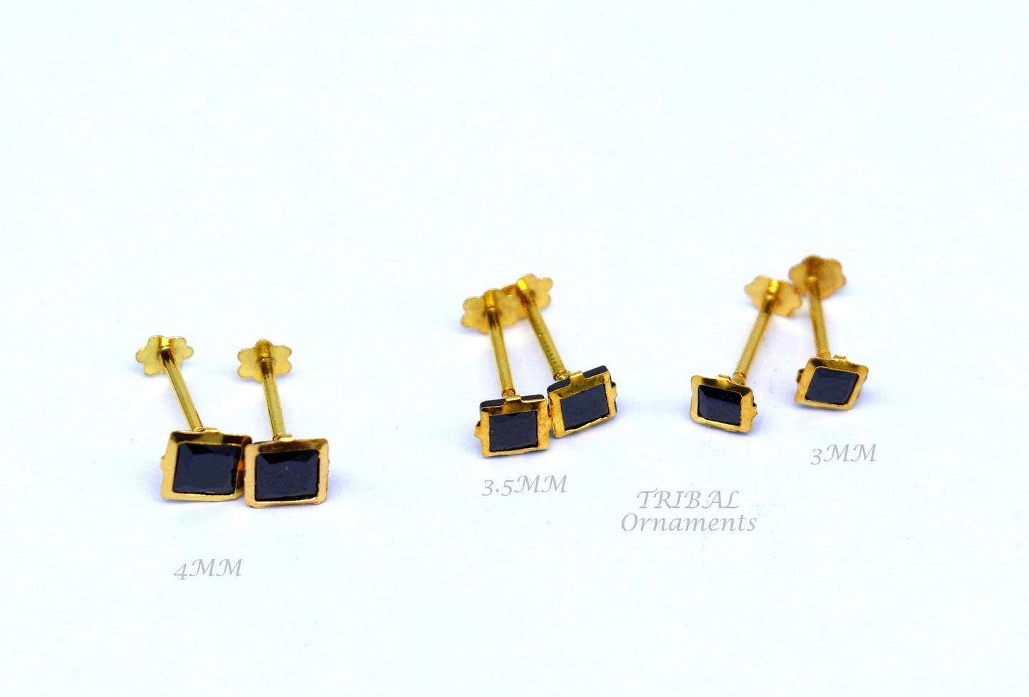3MM/3.5MM/4MM 18kt yellow gold handmade black stone stud earring, excellent light weight daily use customized gifting unisex jewelry er158 - TRIBAL ORNAMENTS