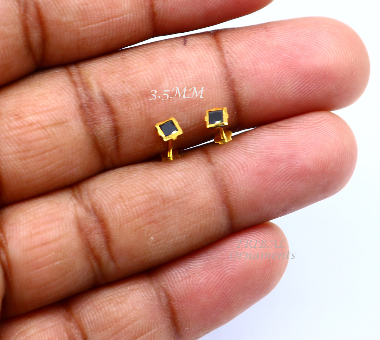 3MM/3.5MM/4MM 18kt yellow gold handmade black stone stud earring, excellent light weight daily use customized gifting unisex jewelry er158 - TRIBAL ORNAMENTS