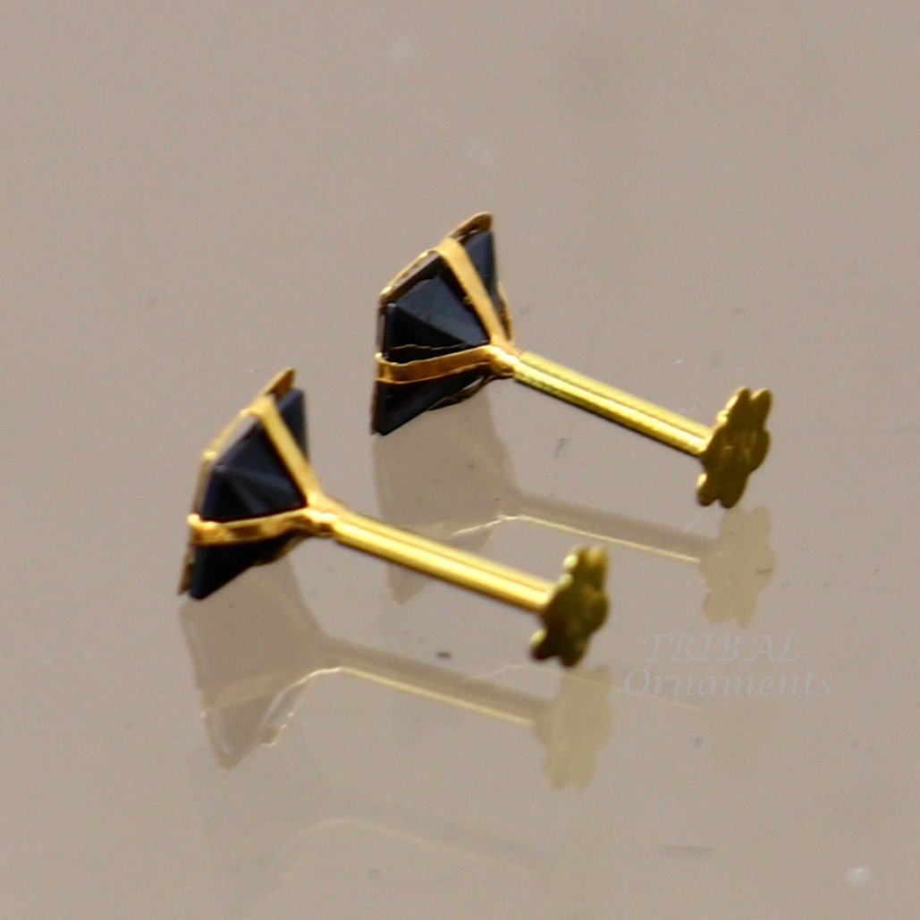 3MM/3.5MM/4MM 18kt yellow gold handmade black stone stud earring, excellent light weight daily use customized gifting unisex jewelry er158 - TRIBAL ORNAMENTS