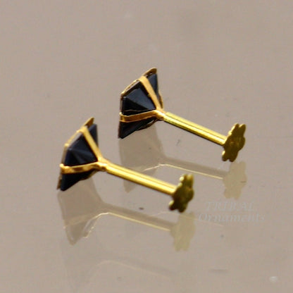 3MM/3.5MM/4MM 18kt yellow gold handmade black stone stud earring, excellent light weight daily use customized gifting unisex jewelry er158 - TRIBAL ORNAMENTS