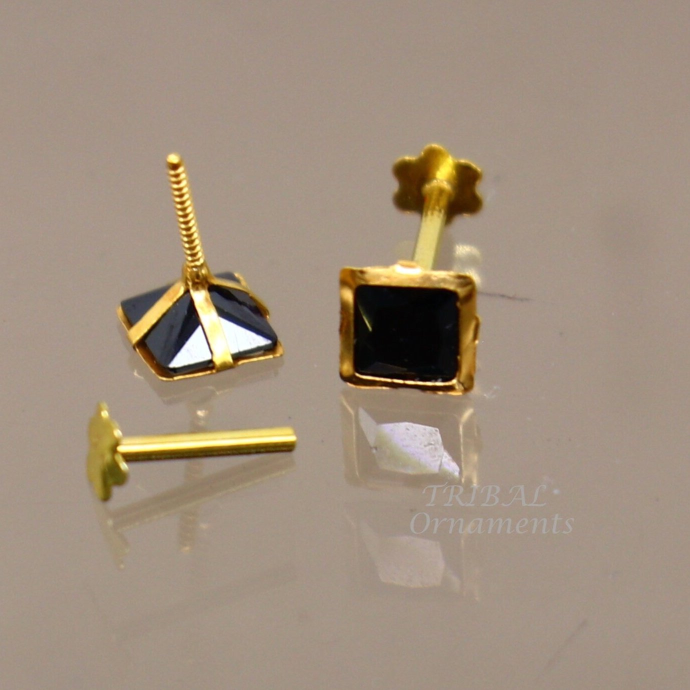 3MM/3.5MM/4MM 18kt yellow gold handmade black stone stud earring, excellent light weight daily use customized gifting unisex jewelry er158 - TRIBAL ORNAMENTS