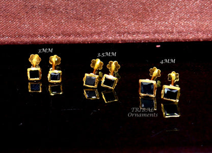 3MM/3.5MM/4MM 18kt yellow gold handmade black stone stud earring, excellent light weight daily use customized gifting unisex jewelry er158 - TRIBAL ORNAMENTS