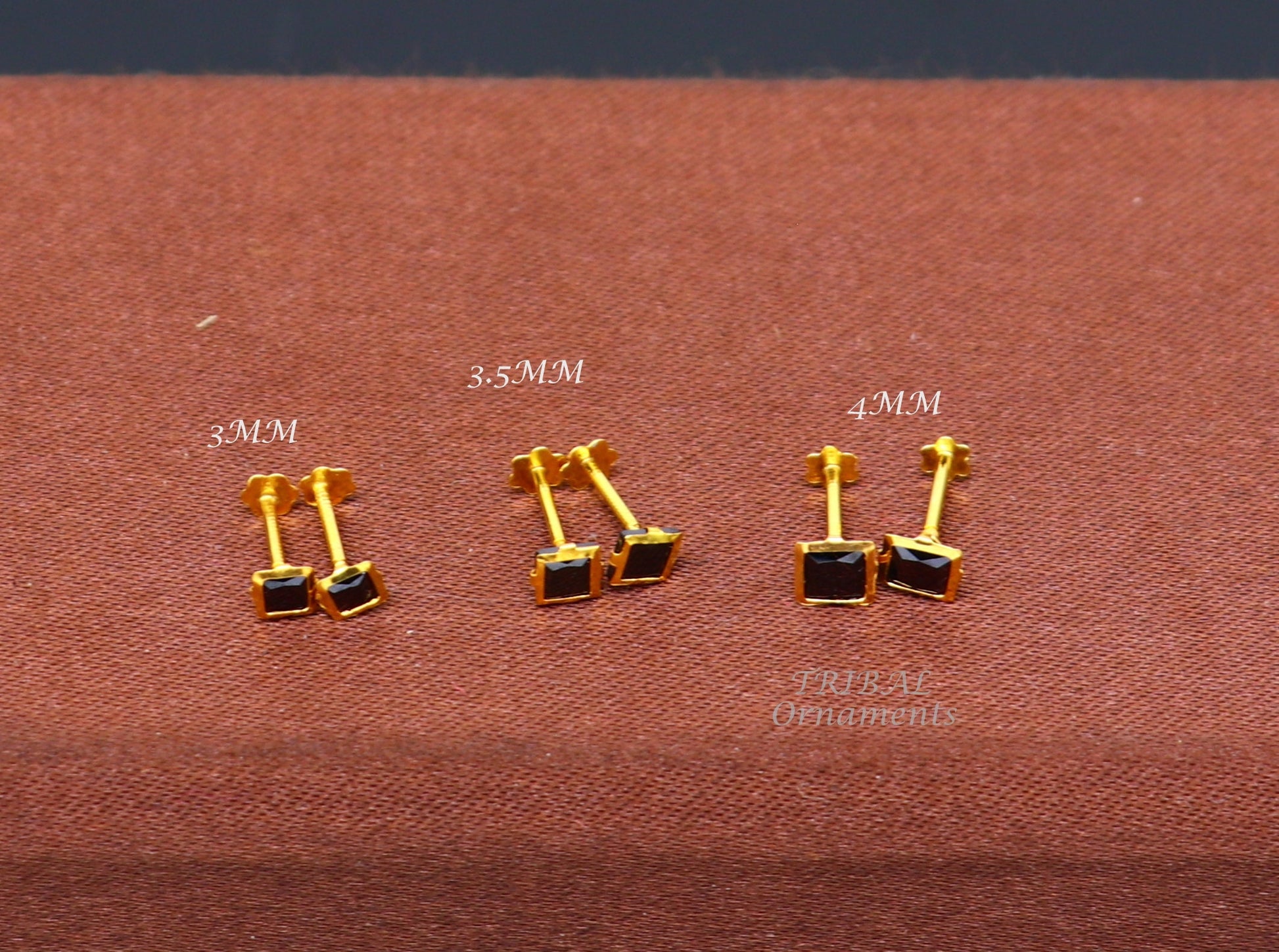 3MM/3.5MM/4MM 18kt yellow gold handmade black stone stud earring, excellent light weight daily use customized gifting unisex jewelry er158 - TRIBAL ORNAMENTS
