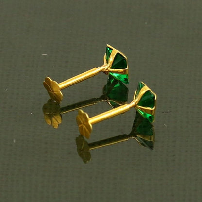 3MM OR 4mm single Green stone 18kt yellow gold handmade square shape fabulous screw back stud earring or nose pin unisex jewelry er121 - TRIBAL ORNAMENTS
