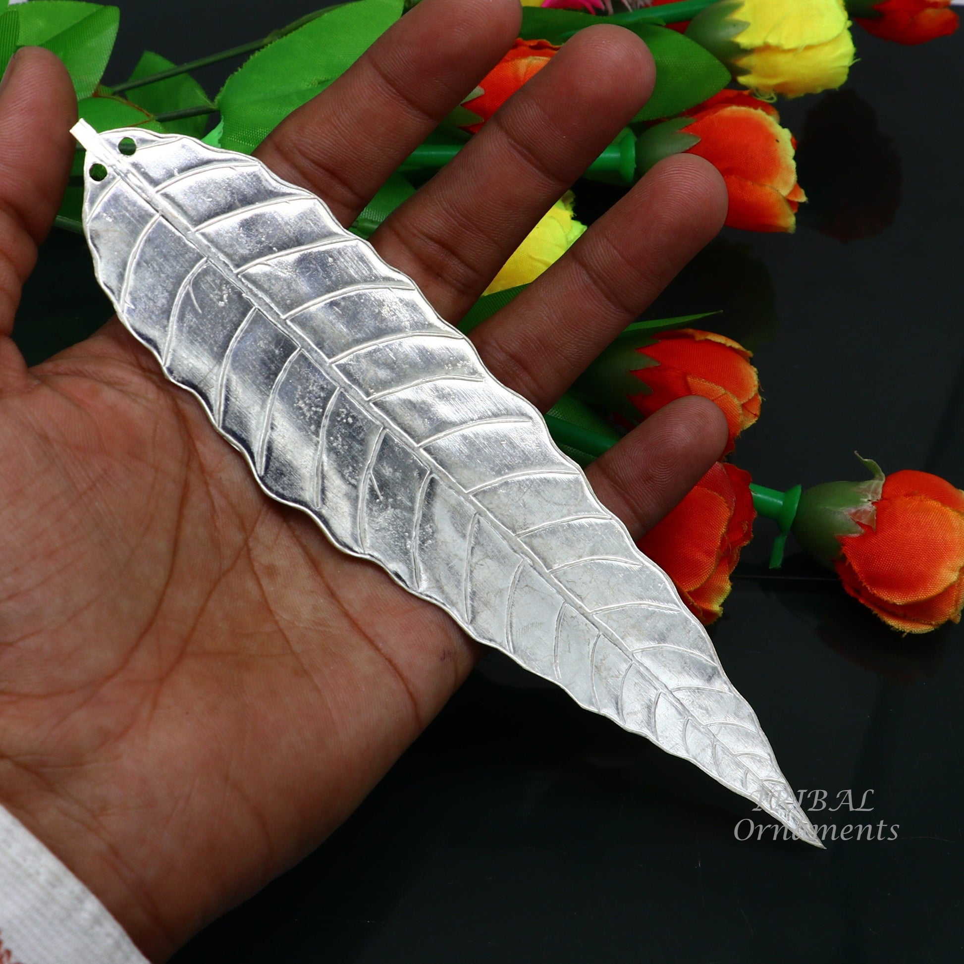 7" Silver mango tree leaf Amazing puja worshipping article solid sterling silver diwali puja articles, silver utensils from india su837 - TRIBAL ORNAMENTS