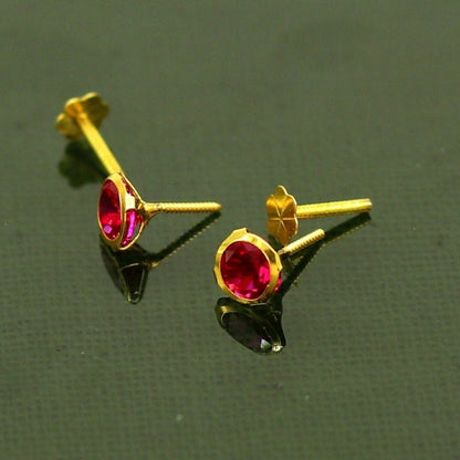18k yellow gold handmade stud earrings with vibrant red cubic zirconia, vintage-inspired unisex jewelry by TRIBAL ORNAMENTS.