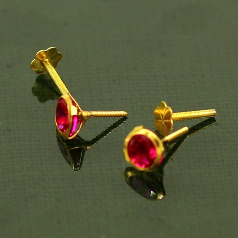 4mm 18k yellow gold handmade fabulous red cubic zircon stone excellent antique vintage design stud earrings pair unisex jewelry er114 - TRIBAL ORNAMENTS