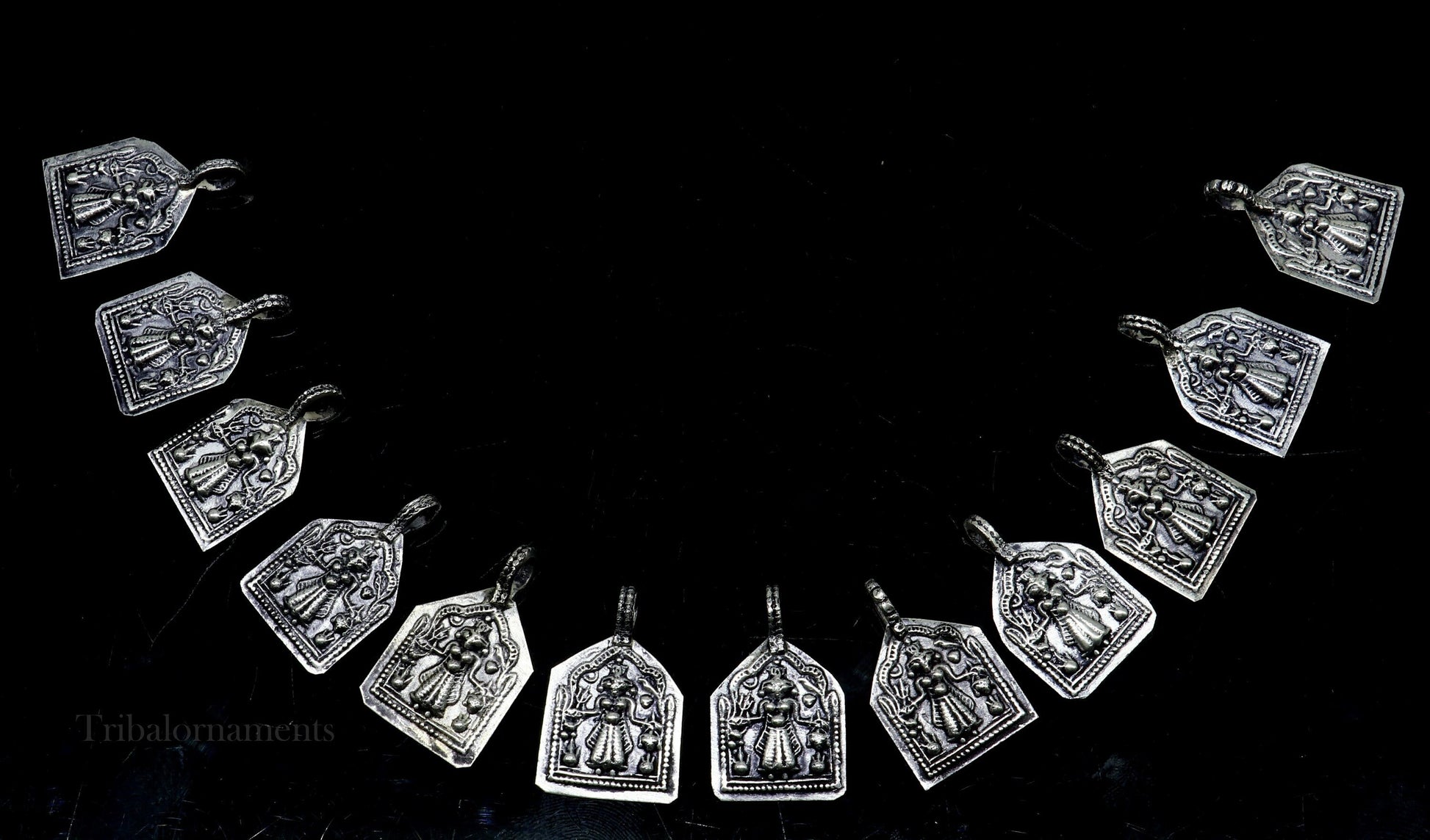 Vintage 925 sterling silver Hindu deity Mataji pendant from TRIBAL ORNAMENTS, intricate handmade tribal jewelry design.