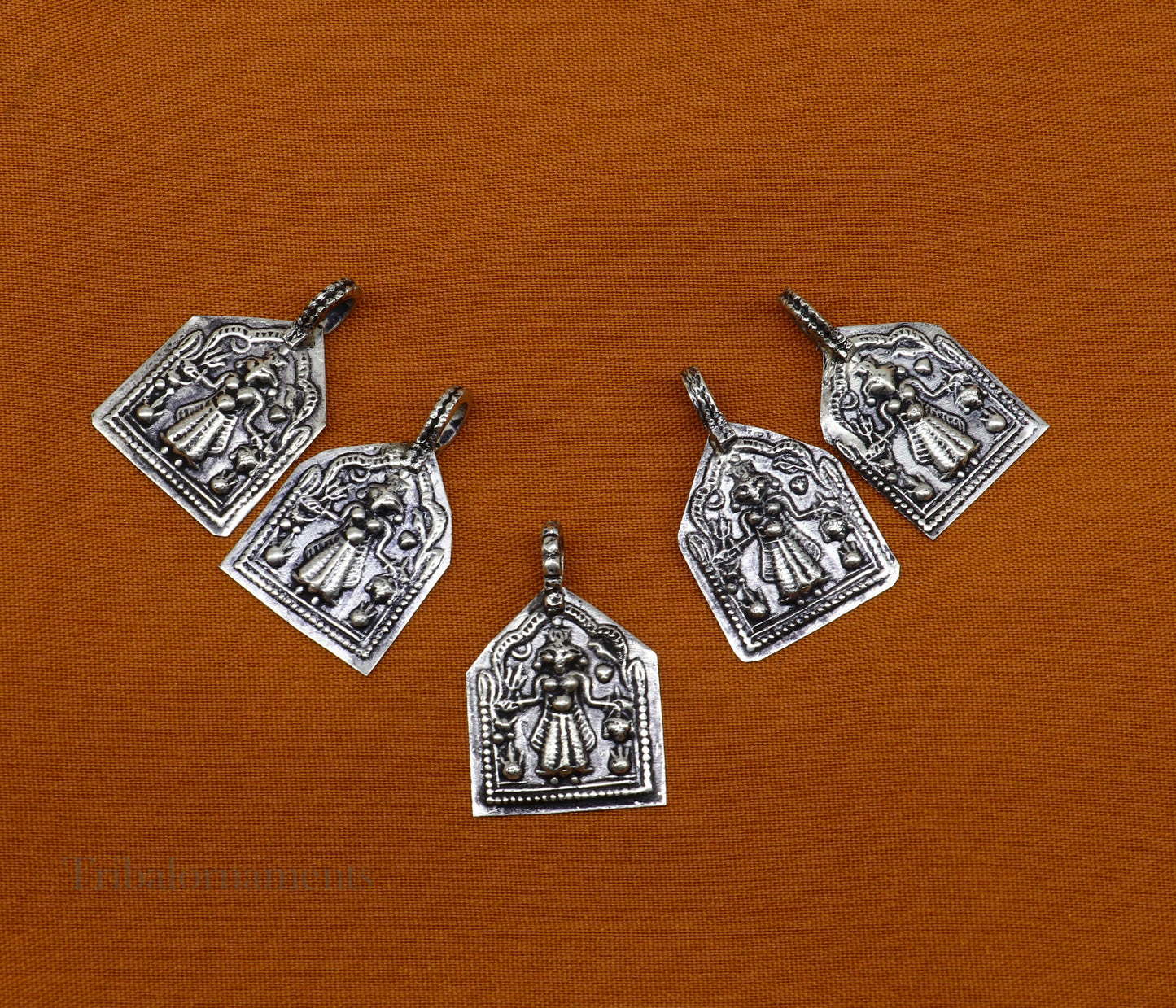 925 sterling silver vintage Hindu deity Mataji pendant, handmade tribal jewelry piece showcasing detailed tribal and religious design.