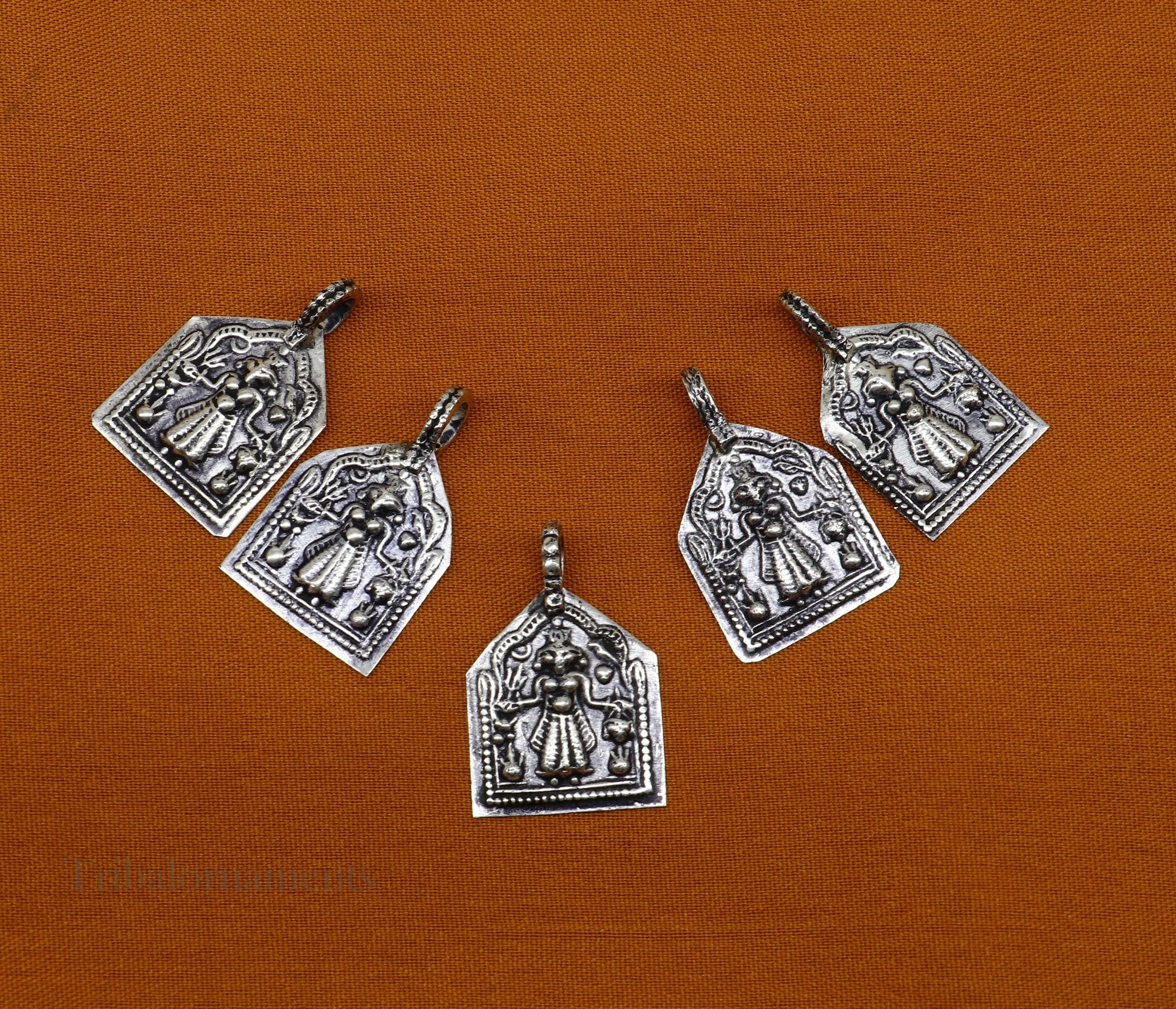 925 sterling silver vintage Hindu deity Mataji pendant, handmade tribal jewelry piece showcasing detailed tribal and religious design.