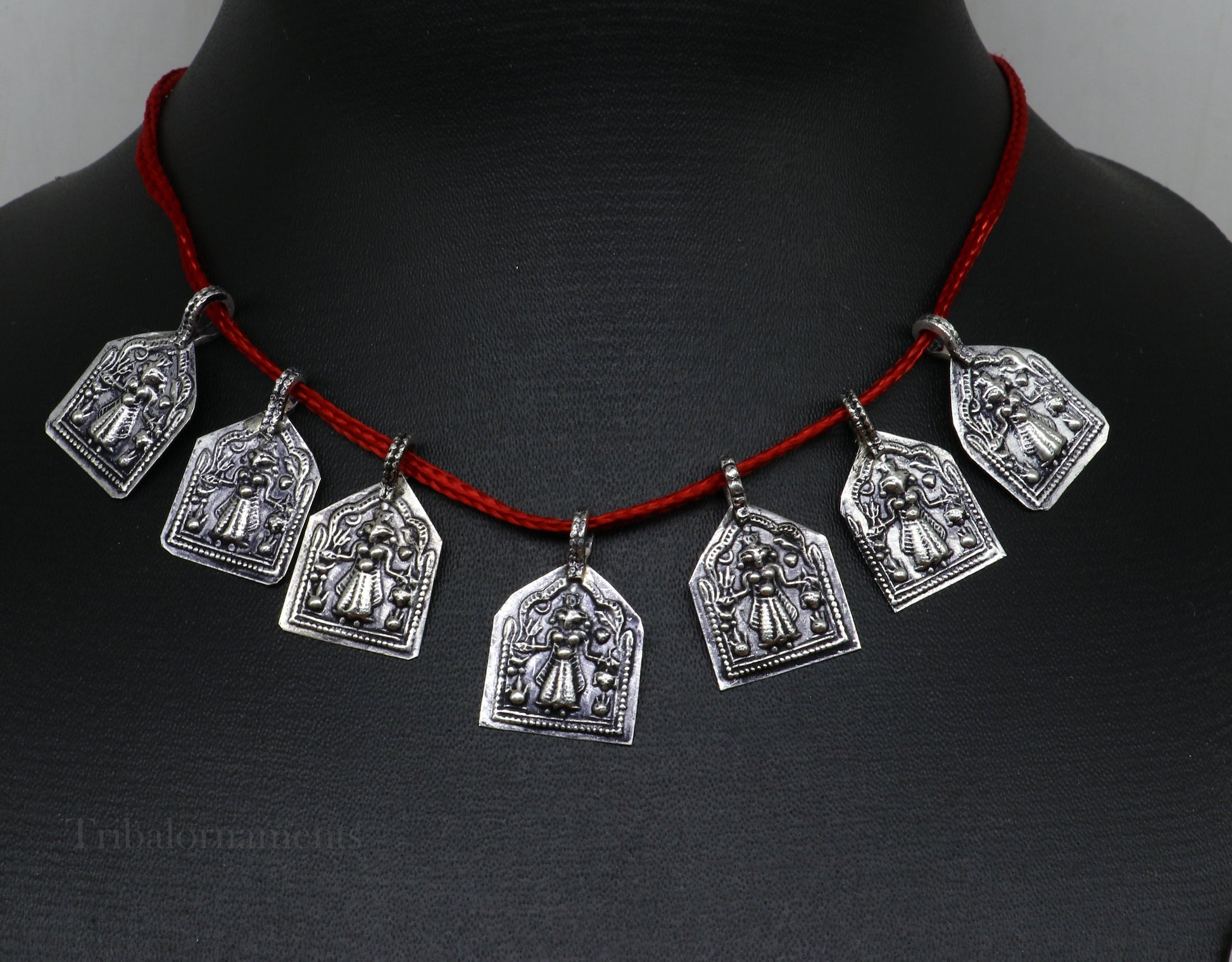 Vintage 925 sterling silver Hindu deity Mataji pendant with intricate tribal design, perfect for custom tribal jewelry.
