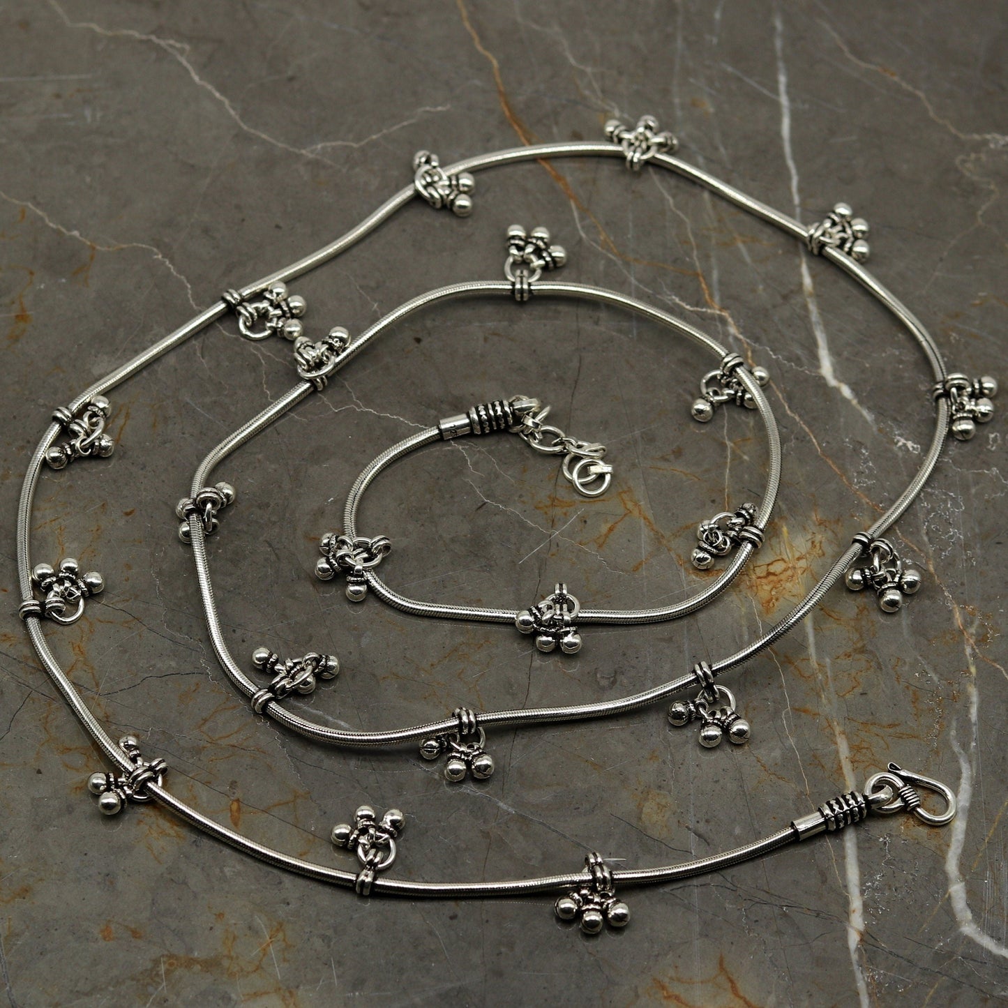 30" to 42" Handmade adjustable 925 sterling silver snake chain waist belt, belly chain waist chain with hanging drops tribal jewelry nwch15 - TRIBAL ORNAMENTS