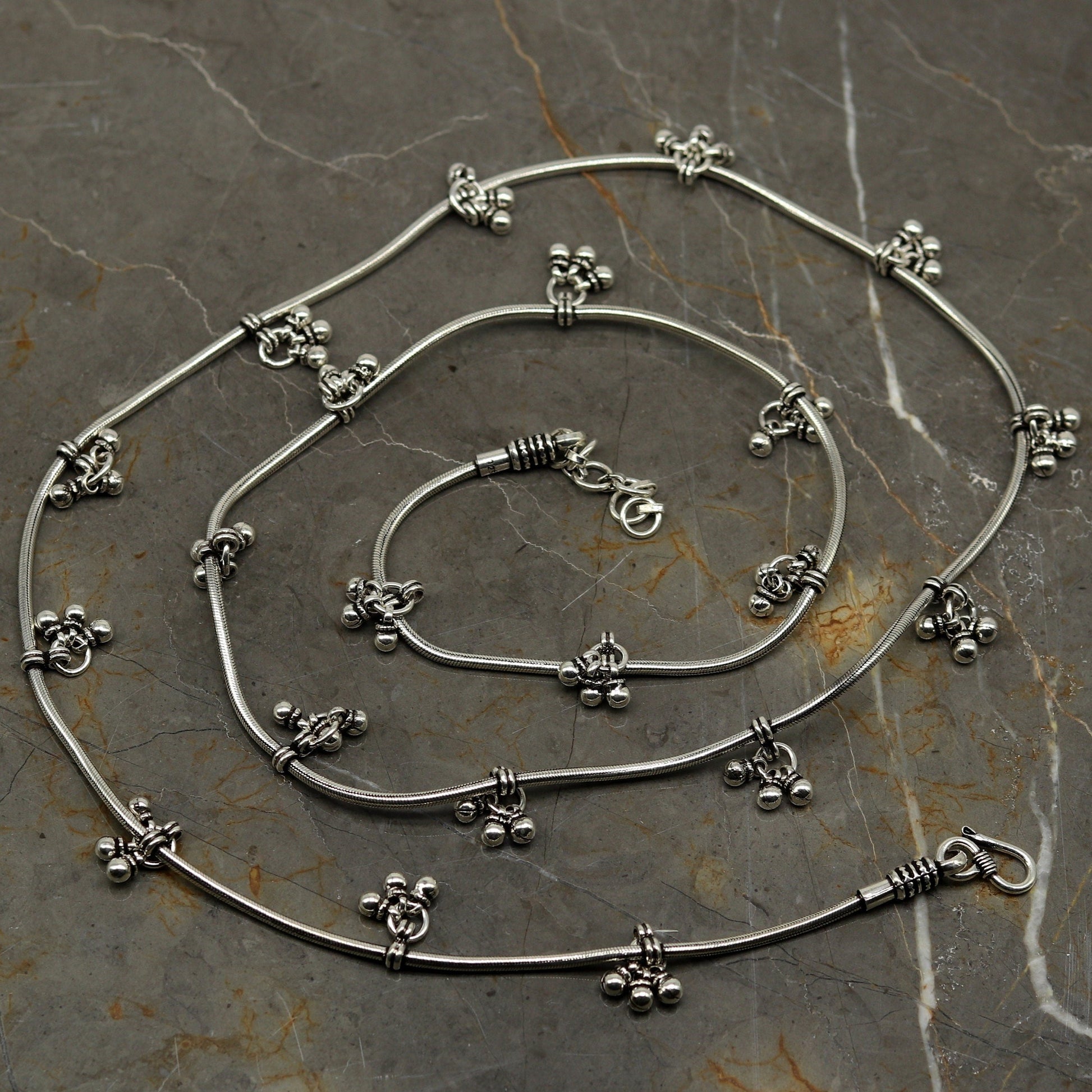 30" to 42" Handmade adjustable 925 sterling silver snake chain waist belt, belly chain waist chain with hanging drops tribal jewelry nwch15 - TRIBAL ORNAMENTS