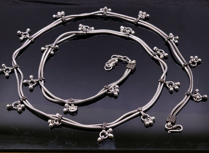 Double-line adjustable 925 sterling silver snake chain belly and waist chain with handmade tribal design and intricate detailing.