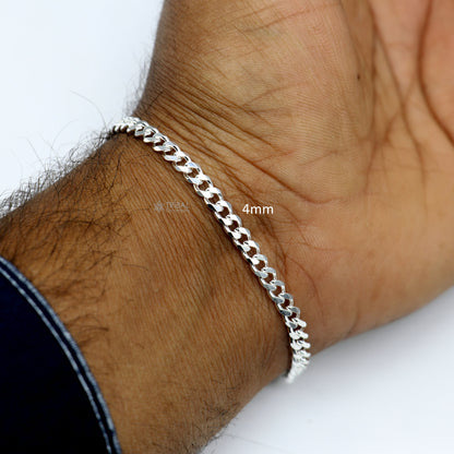 Shiny 925 Sterling silver plain chain bracelet by TRIBAL ORNAMENTS, stylish solid bracelet for boys and girls with 3mm to 6mm links.