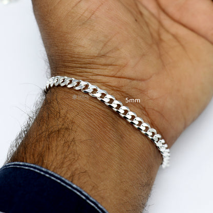 Shiny 925 Sterling silver plain chain bracelet for boys and girls, stylish solid jewelry with 3mm to 6mm links by Tribal Ornaments