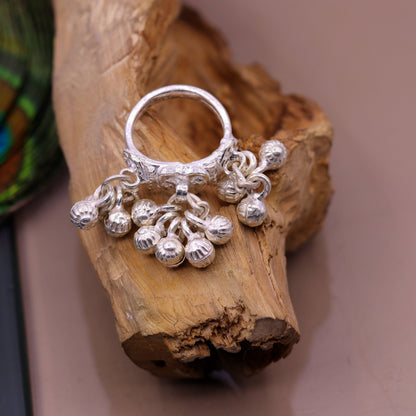 Sterling silver handmade charm ring with noisy bells, tribal antique jewelry, perfect for belly dance, from Tribal Ornaments.