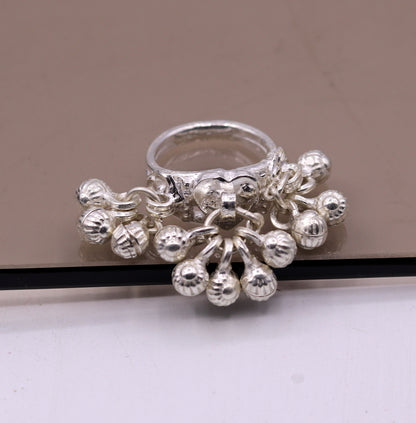 Sterling silver handmade charm ring with noisy bells, tribal antique jewelry for belly dance, crafted by Tribal Ornaments.