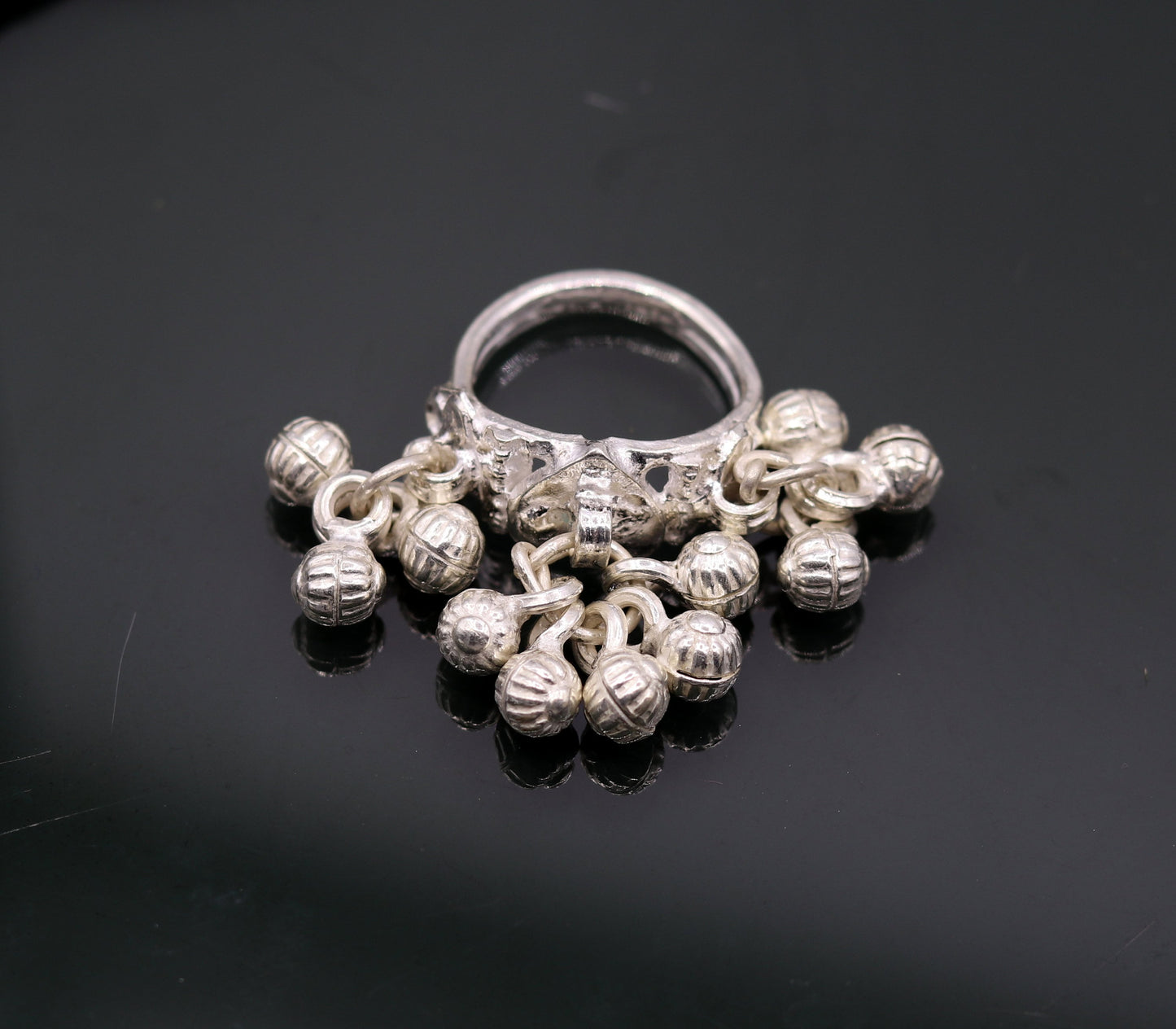 Sterling silver handmade gorgeous charm ring with fabulous noisy bells, excellent belly dance tribal antique jewelry india sr0208 - TRIBAL ORNAMENTS