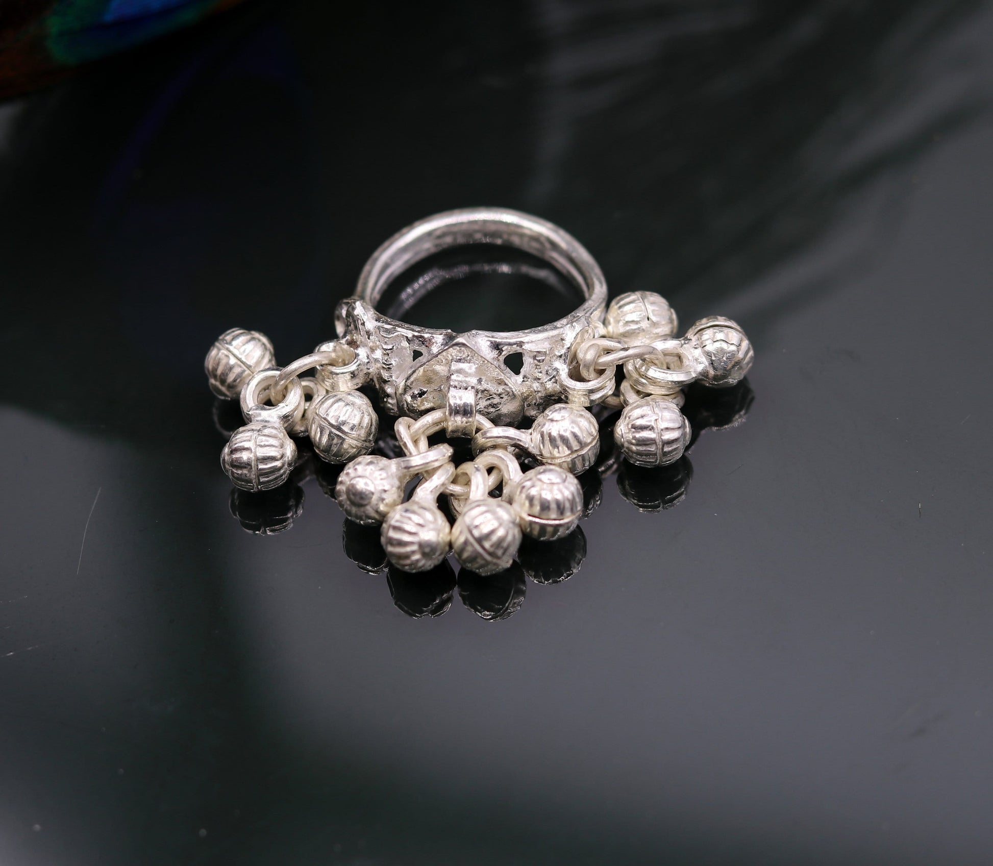 Sterling silver handmade gorgeous charm ring with fabulous noisy bells, excellent belly dance tribal antique jewelry india sr0208 - TRIBAL ORNAMENTS